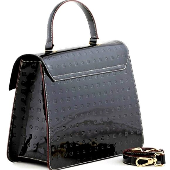 Nwot ARCADIA Marilena Embossed Patent Leather Satchel black Italian Leather Bag - Picture 4 of 14